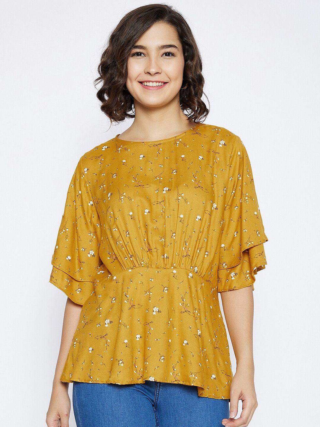 crimsoune club mustard yellow geometric extended sleeves cinched waist top