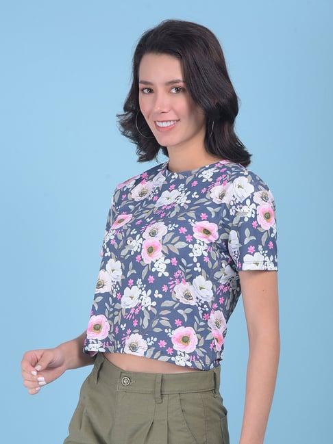 crimsoune club navy & white floral print crop t-shirt