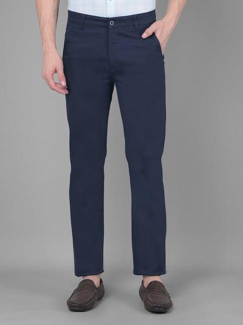 crimsoune club navy blue cotton straight fit trousers