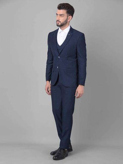 crimsoune club navy blue slim fit checks three piece suits