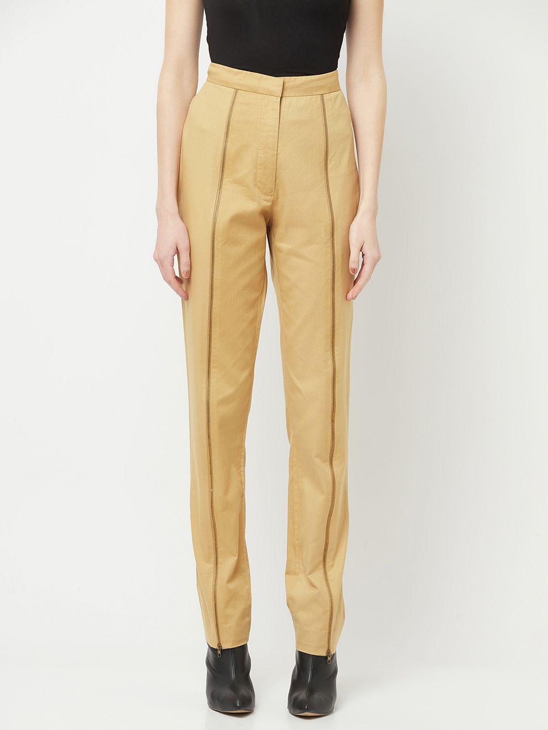 crimsoune club nikhil thampi women khaki solid straight fit high-rise trousers