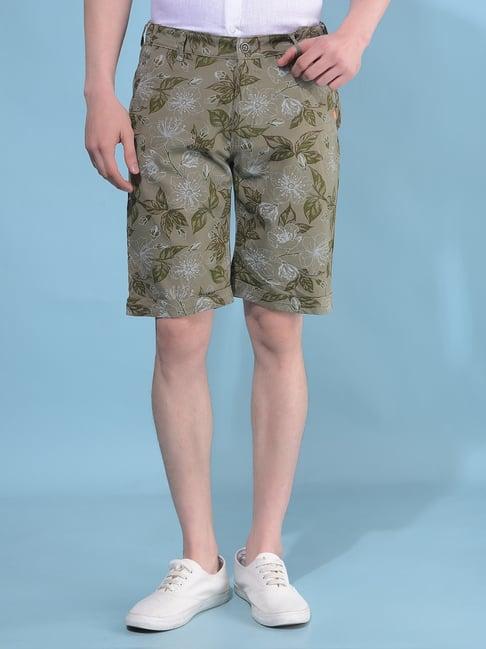 crimsoune club olive cotton slim fit floral print shorts