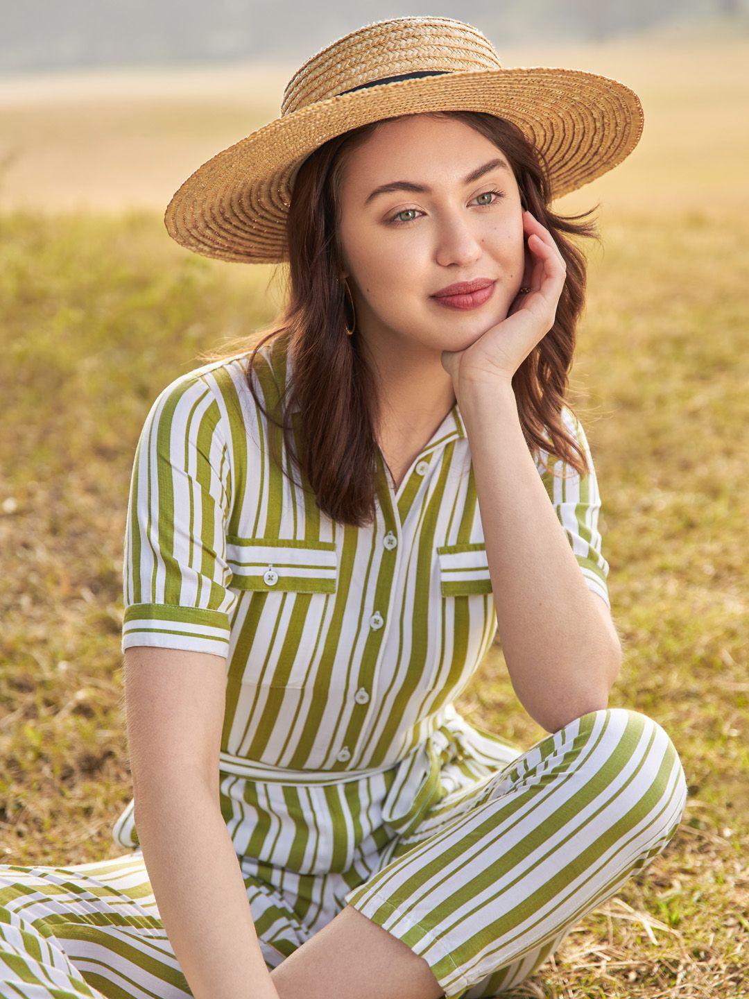 crimsoune club olive green & white striped basic jumpsuit