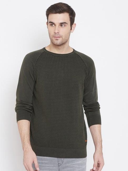 crimsoune club olive green cotton slim fit self pattern sweater
