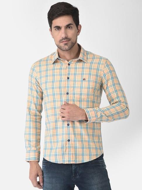 crimsoune club peach cotton slim fit checks shirt