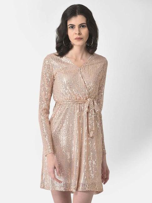 crimsoune club peach embellished a-line dress