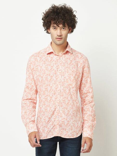 crimsoune club peach slim fit floral print cotton linen shirt