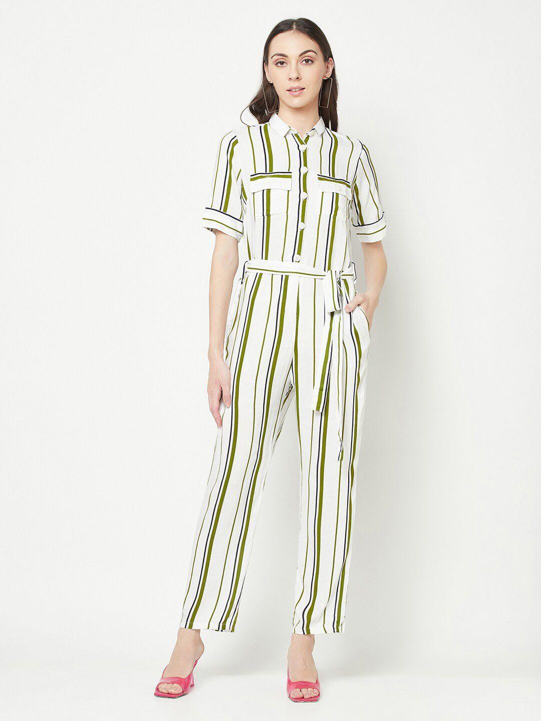 crimsoune club striped shirt collar waist tie-ups basic jumpsuit