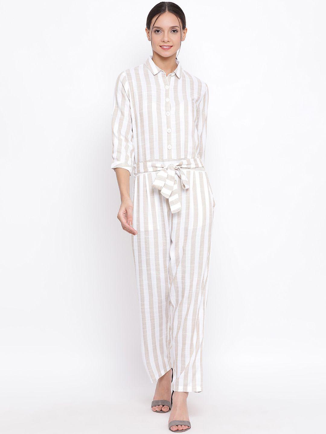 crimsoune club white & grey striped cotton basic jumpsuit