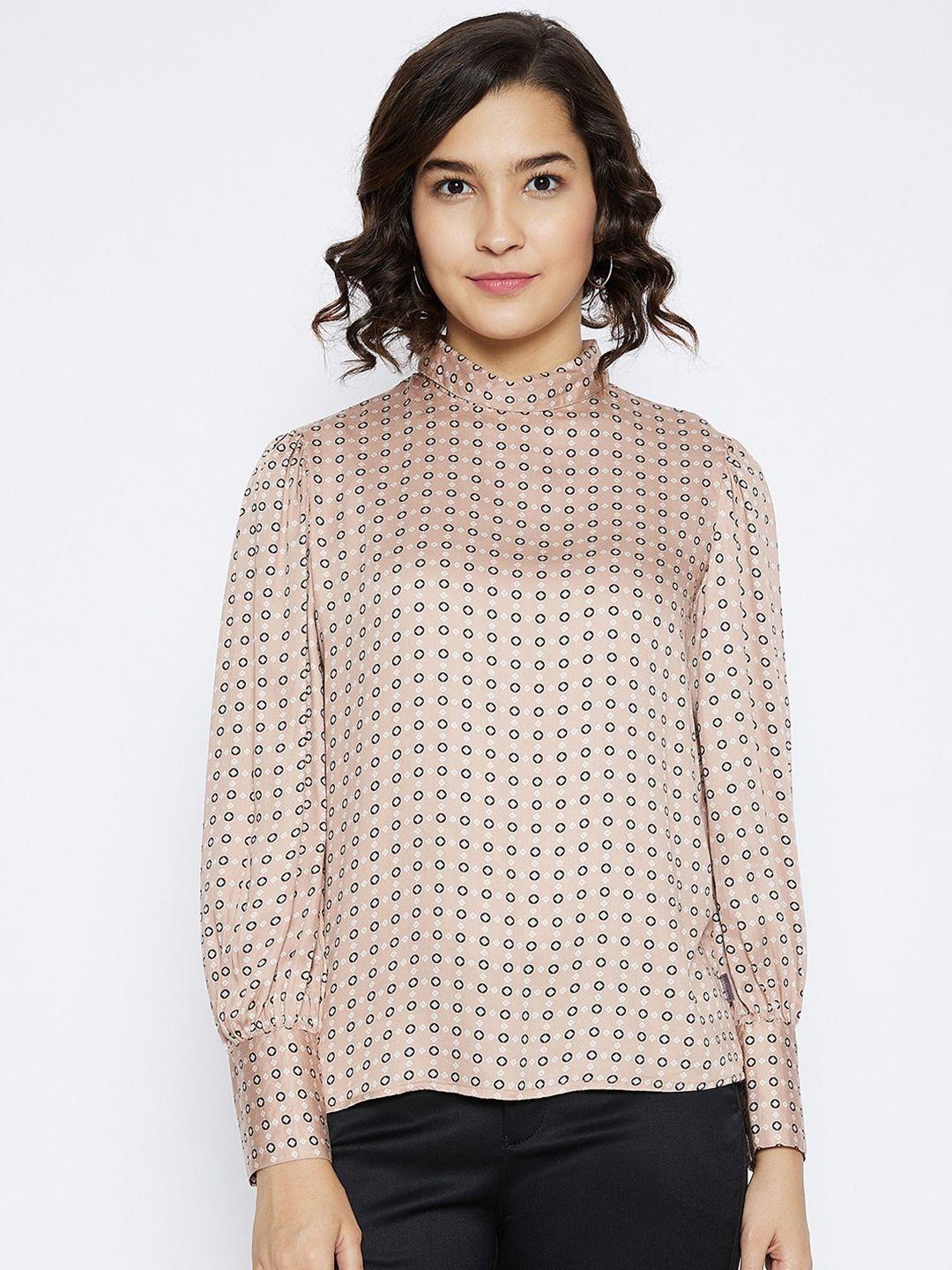 crimsoune club women beige & black geometric printed regular top