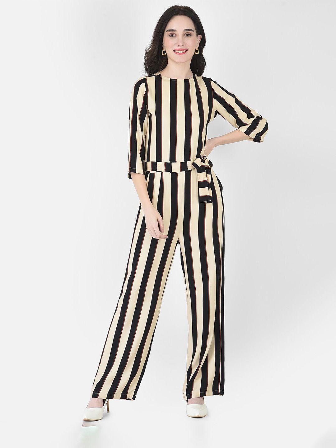 crimsoune club women black & cream-coloured striped basic jumpsuit