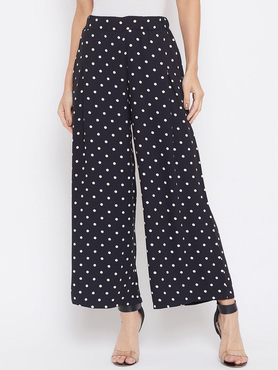 crimsoune club women black & white relaxed polka dots printed parallel trousers