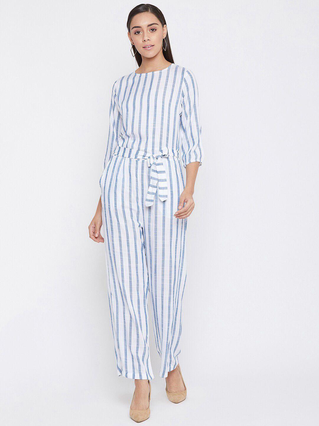 crimsoune club women blue & white striped basic jumpsuit