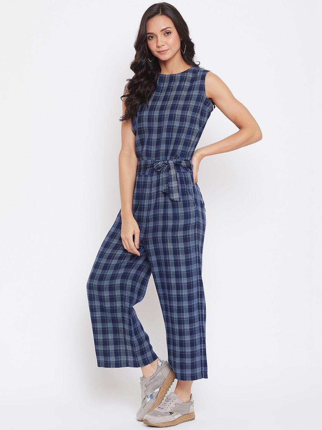 crimsoune club women blue checked basic jumpsuit