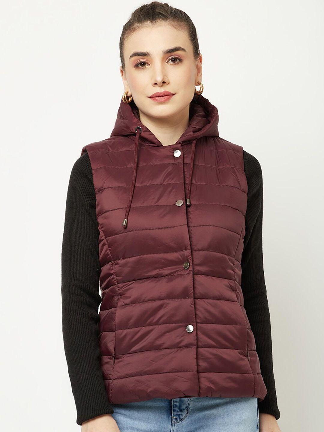 crimsoune club women burgundy solid nylon hooded padded jacket