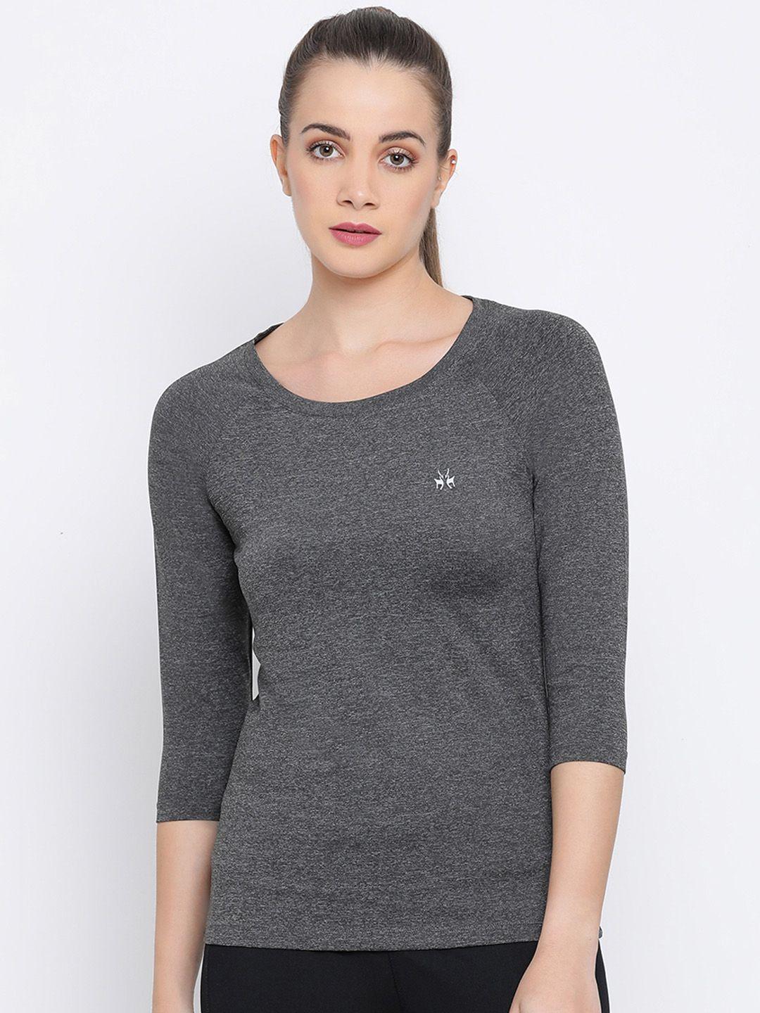 crimsoune club women charcoal grey solid round neck t-shirt