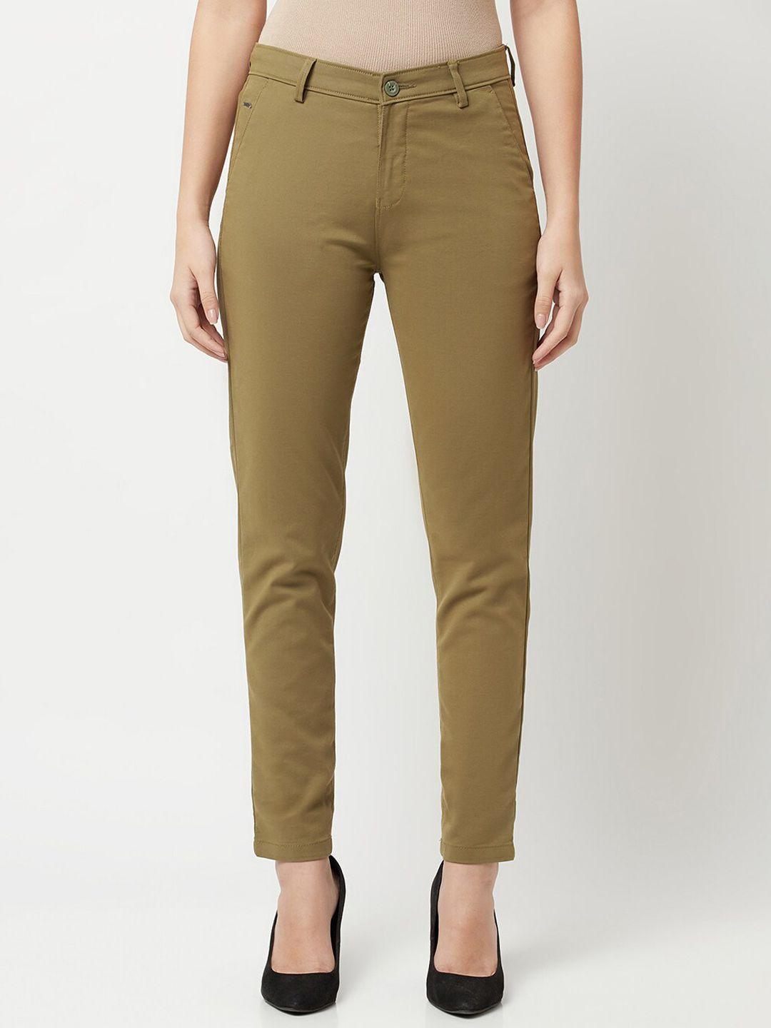 crimsoune club women green cotton urban slim fit trousers