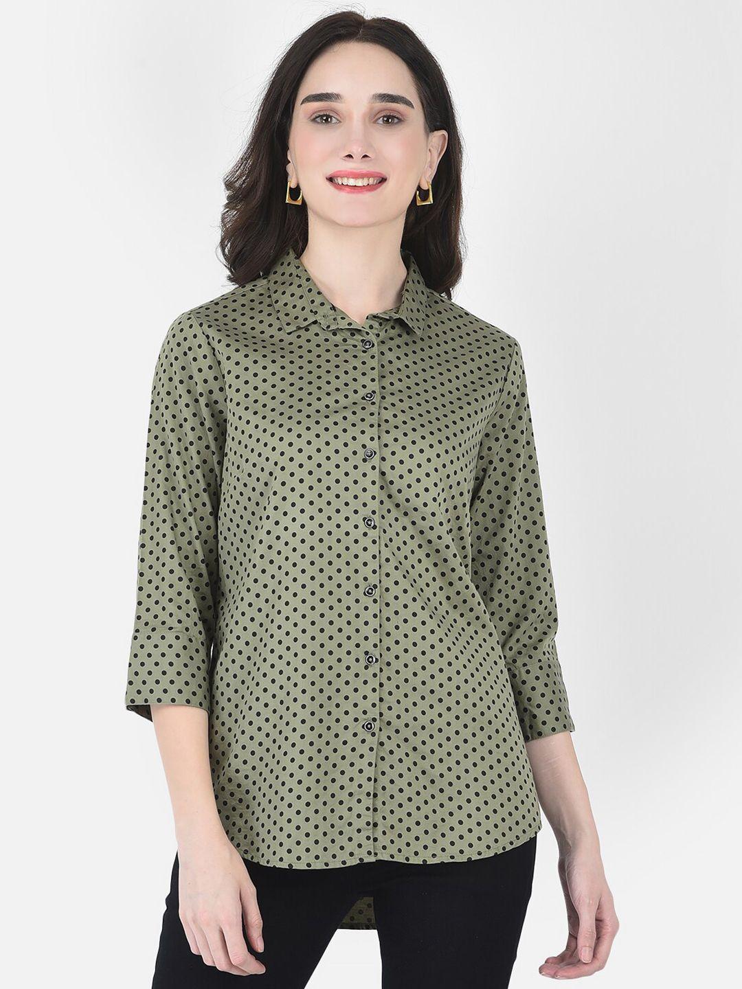 crimsoune club women green polka dots print casual shirt