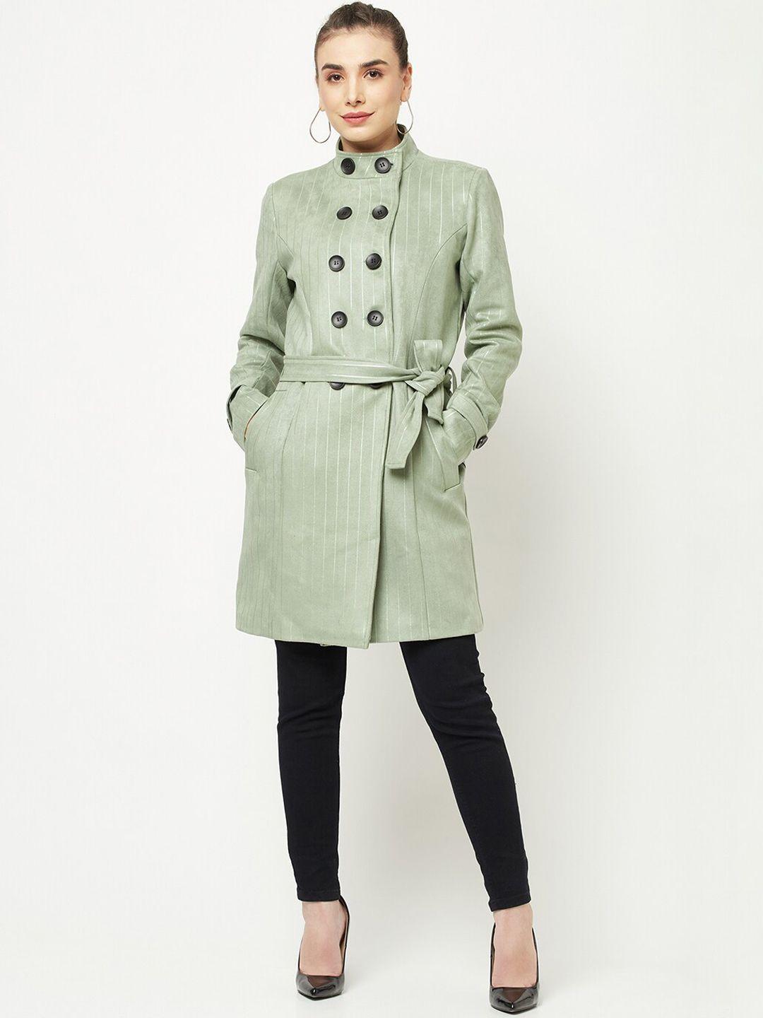 crimsoune club women green striped double-breasted trench coat