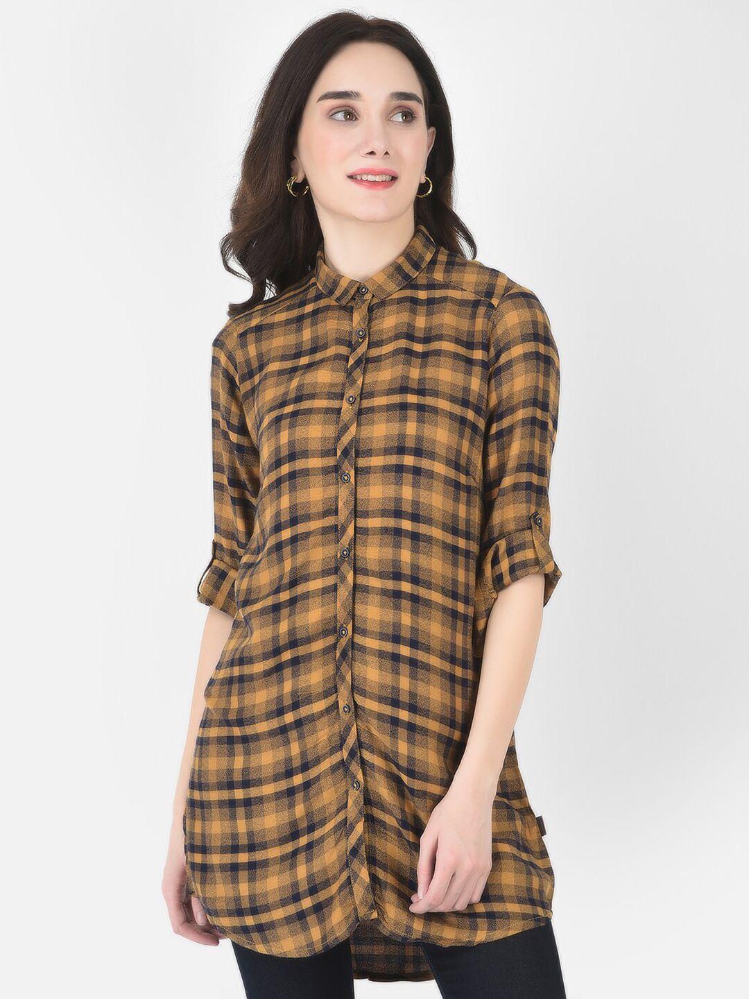 crimsoune club women mustard straight tartan checks checked casual shirt