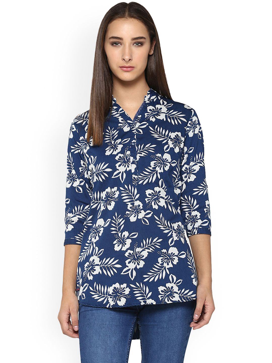 crimsoune club women navy blue printed high-low longline top