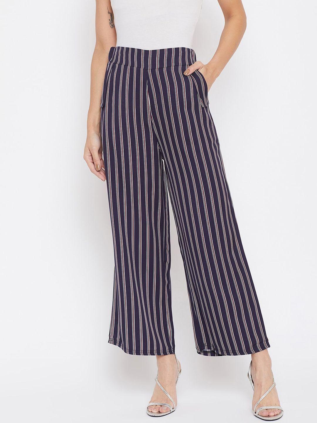 crimsoune club women navy blue relaxed regular fit striped parallel trousers