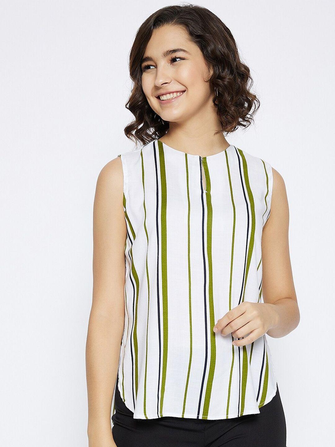 crimsoune club women olive green & white striped keyhole neck regular top