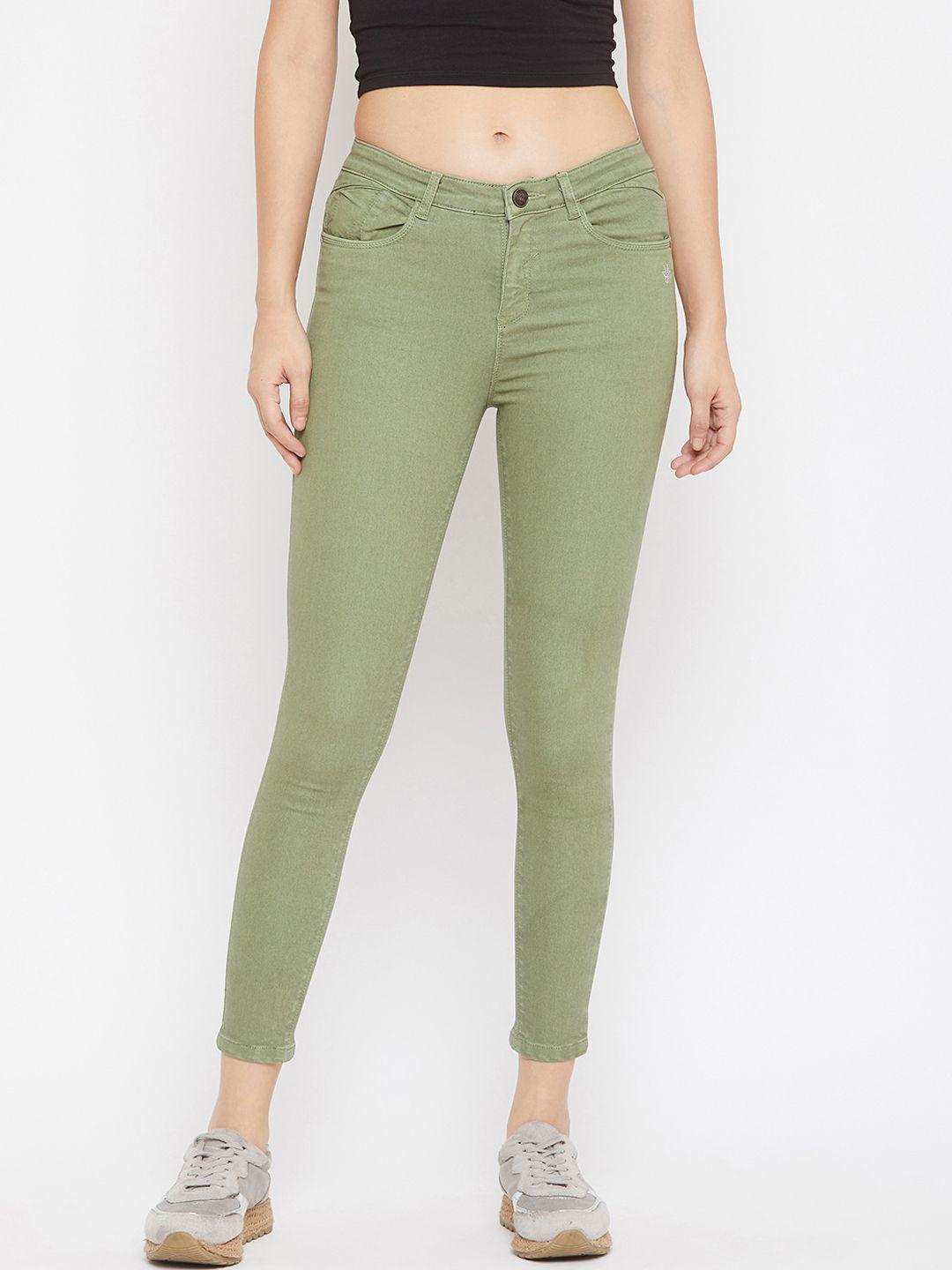 crimsoune club women olive green lean super skinny fit mid-rise clean look jeans