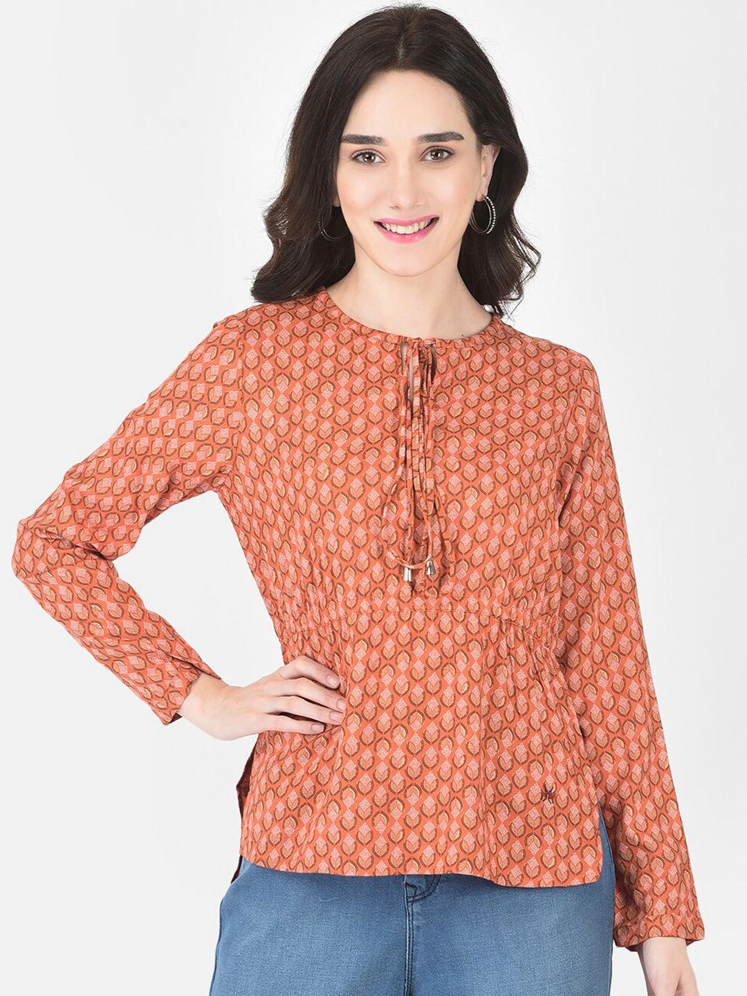 crimsoune club women orange & russet print tie-up neck top