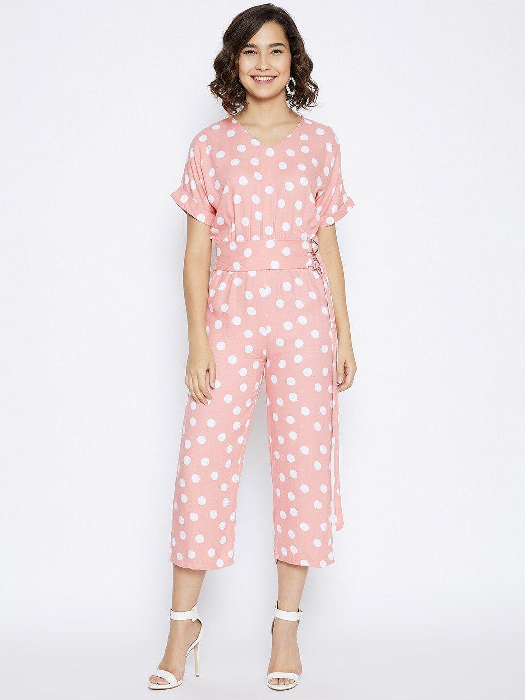 crimsoune club women peach & white polka dots printed slim fit jump suit