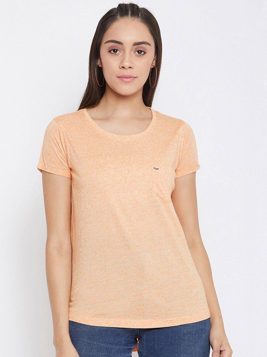 crimsoune club women peach-coloured solid round neck t-shirt