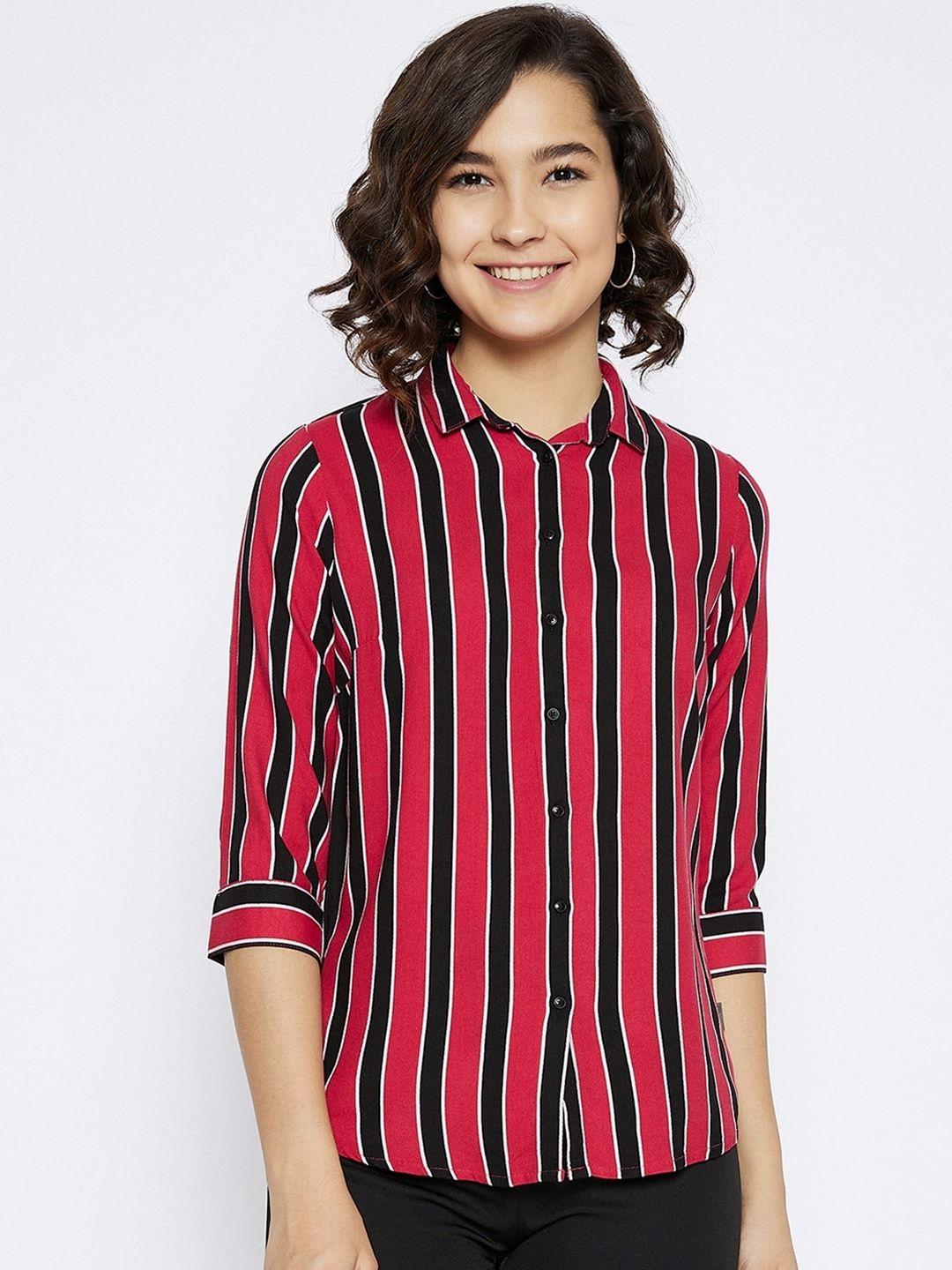 crimsoune club women pink & black slim fit striped casual shirt