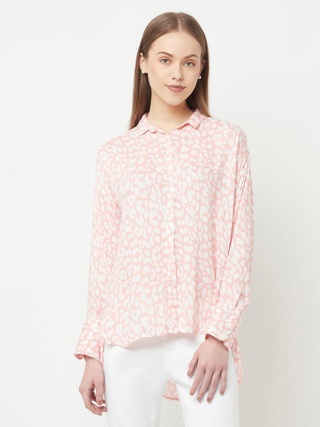 crimsoune club women pink floral printed high-low regular fit casual shirt