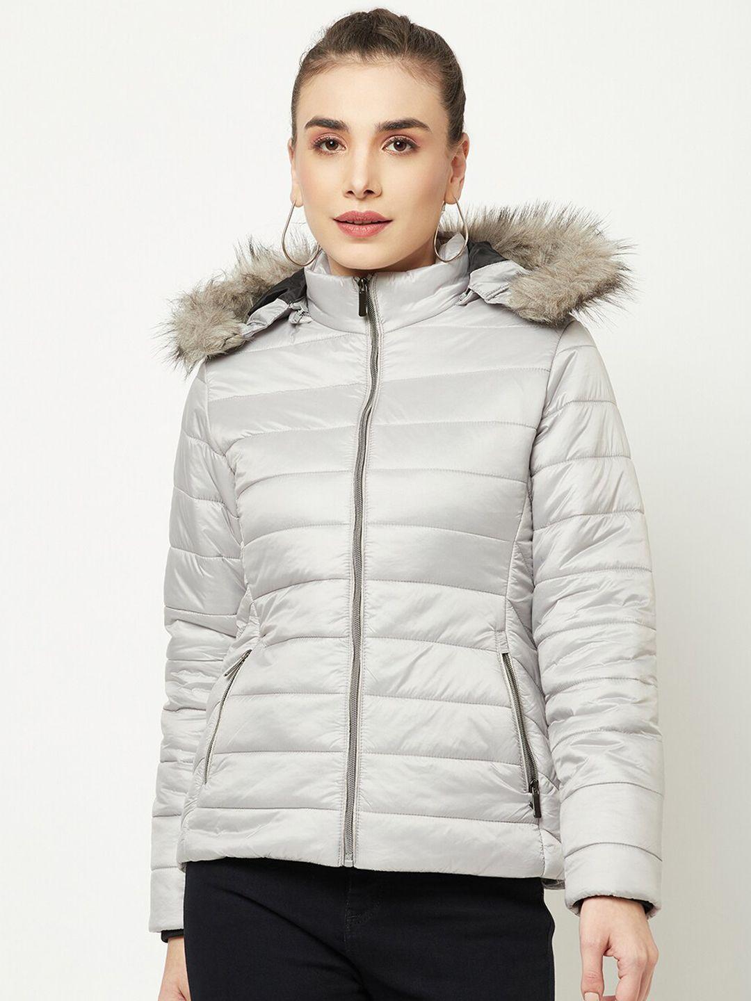 crimsoune club women silver solid nylon hooded parka jacket