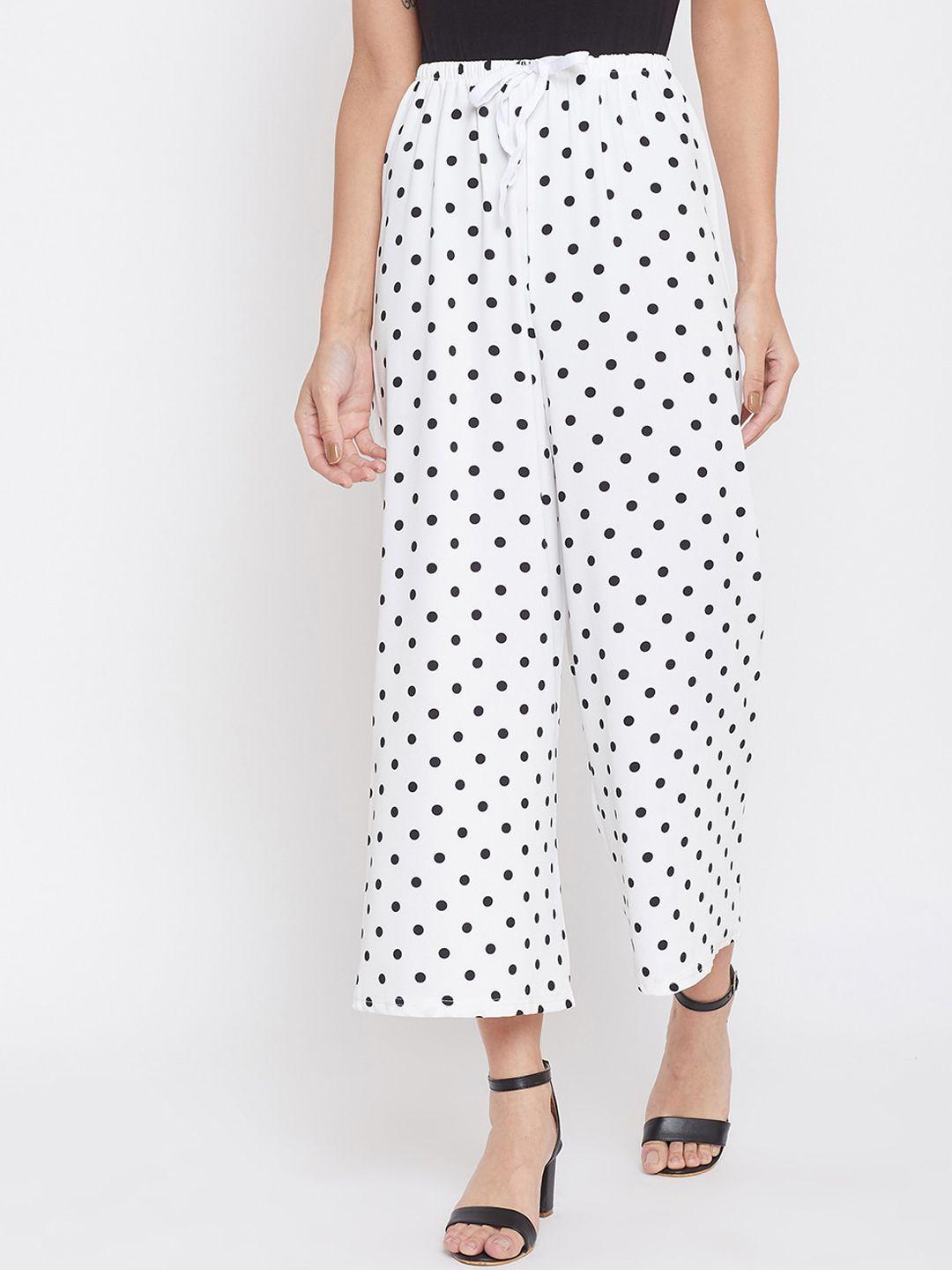 crimsoune club women white & black cotton polka printed loose fit parallel trousers