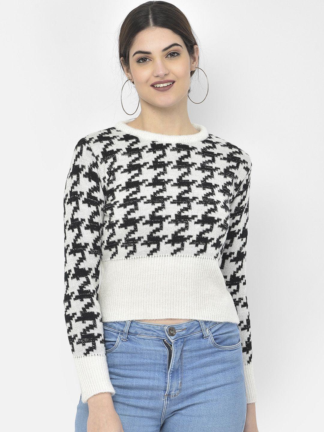 crimsoune club women white & black printed pullover sweater