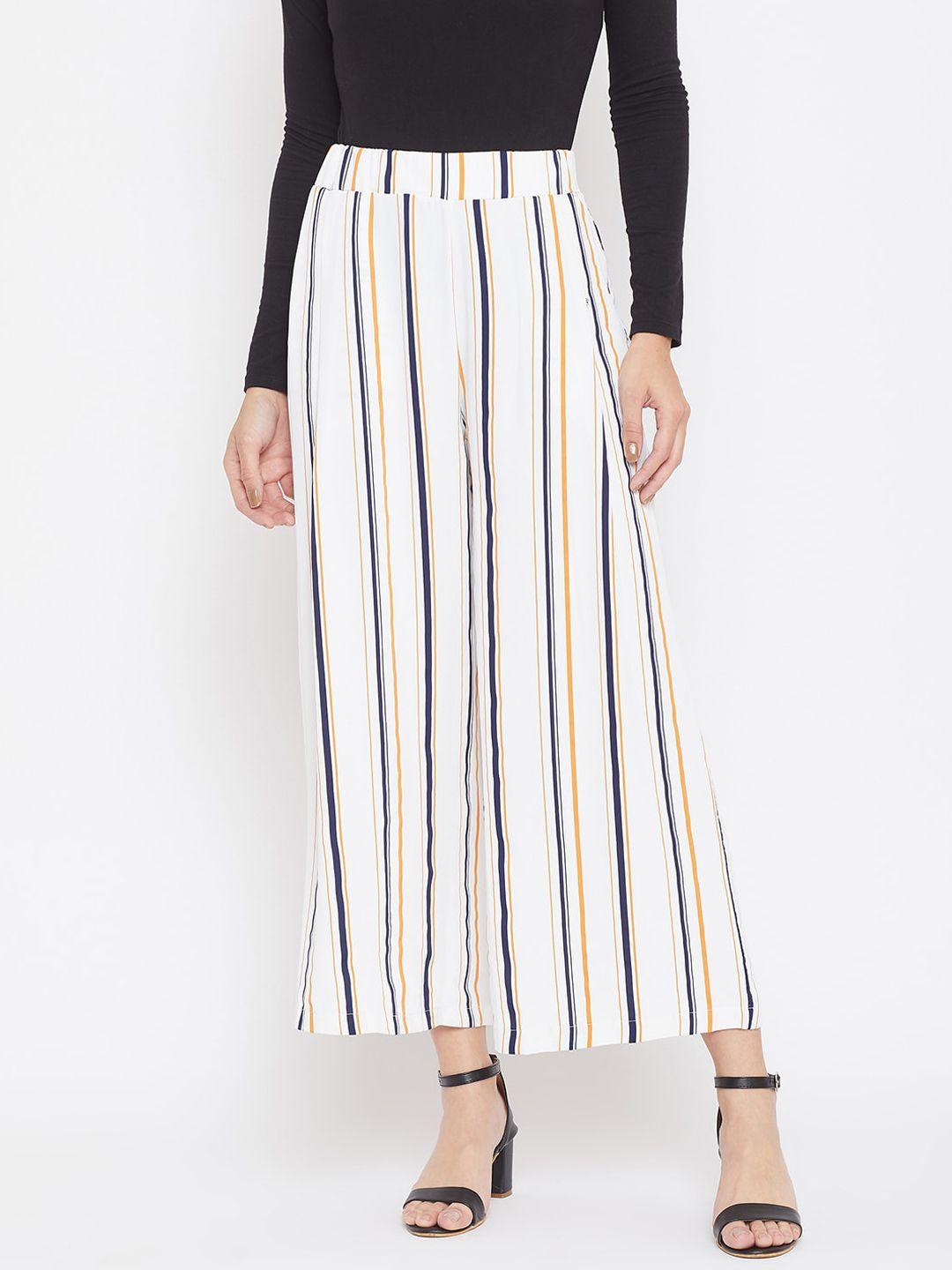 crimsoune club women white & blue relaxed regular fit striped parallel trousers