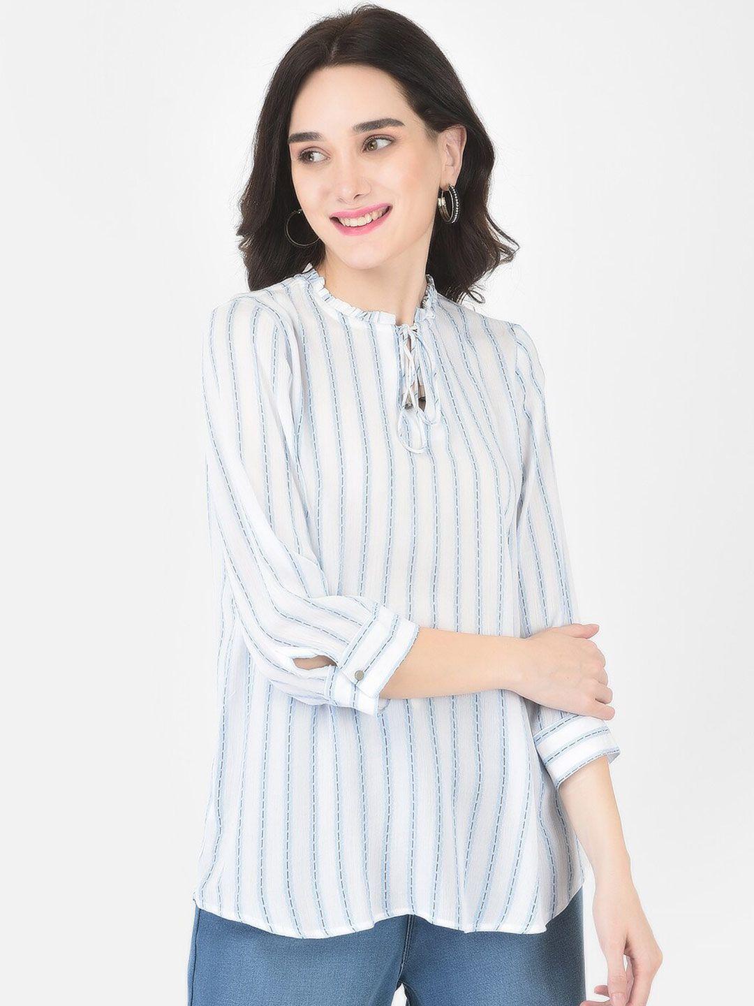 crimsoune club women white striped tie-up neck top