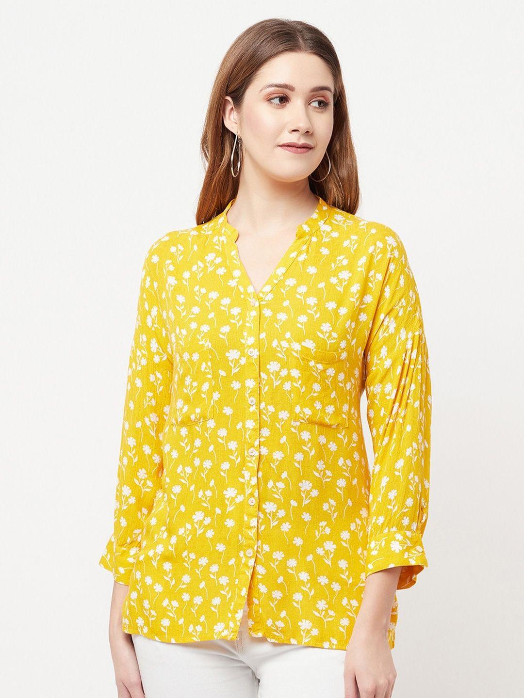 crimsoune club women yellow floral printed slim fit casual shirt