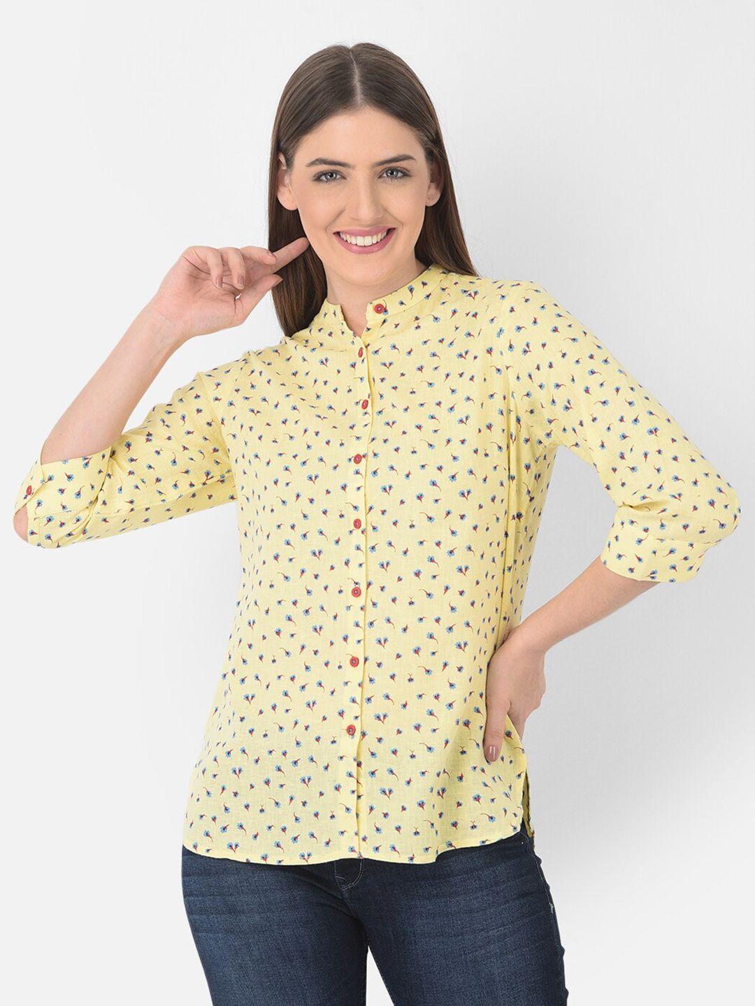 crimsoune club women yellow slim fit printed casual shirt
