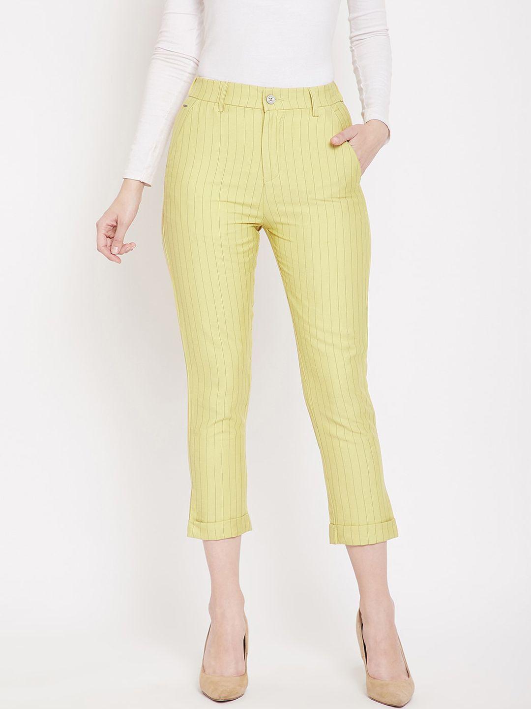 crimsoune club women yellow slim fit striped regular trousers