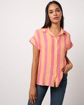 crinkle gauze striped button-front top