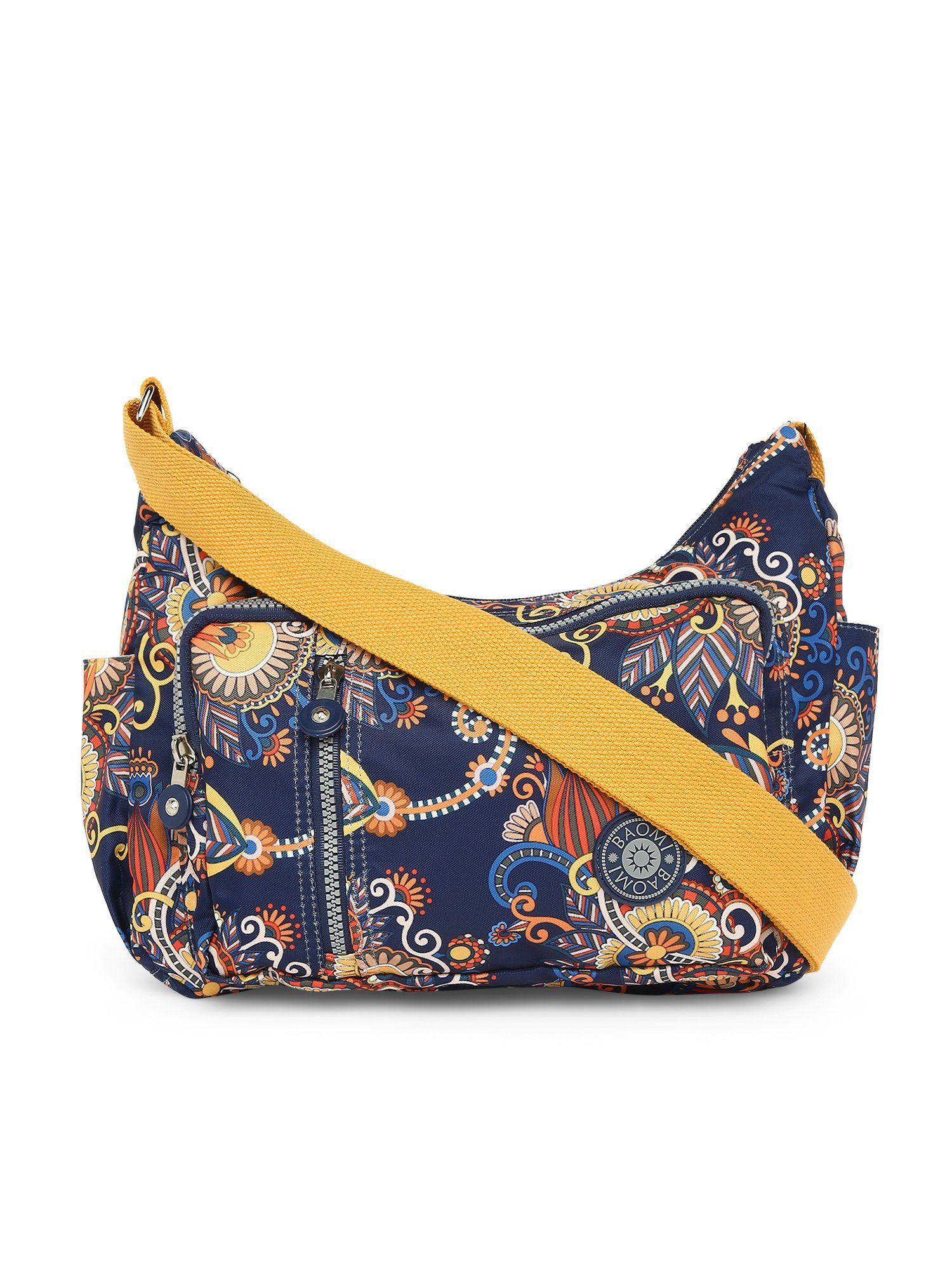 crinkle range blue & yellow floral color soft case nylon sling bag - ba-2054032019