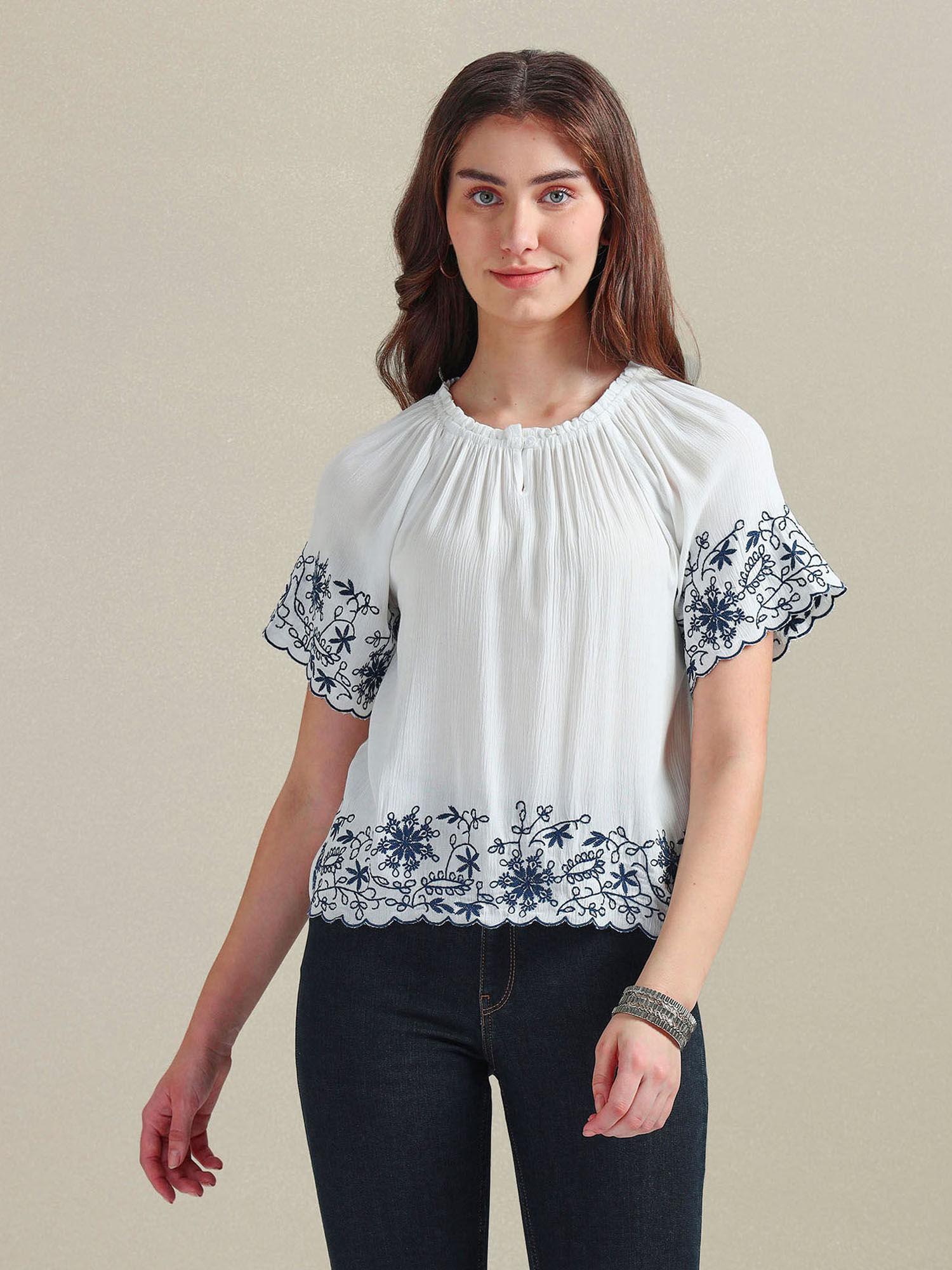 crinkle viscose embroidered white top