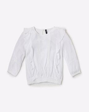 crinkled blouson top with ruffled panels