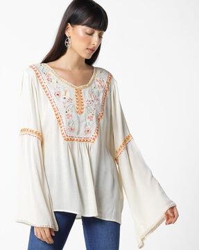 crinkled top with embroidered yoke