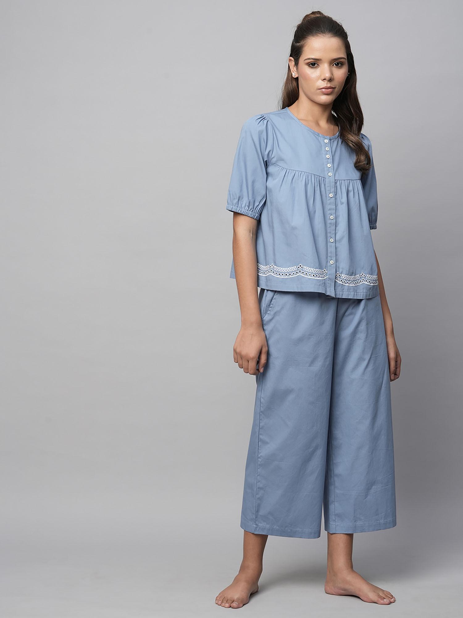 crisp cotton poplin embroidered swing shirt and wide leg pajama (set of 2)