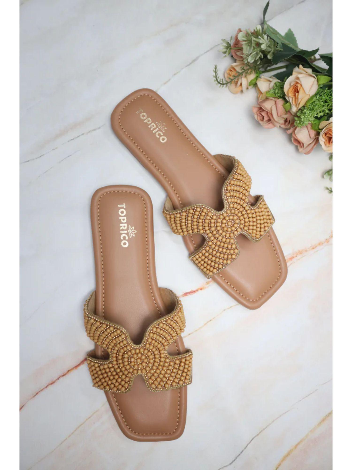 criss cross beads embellished tan flat