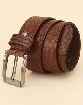 croc-embossed belt with tang-buckle closure