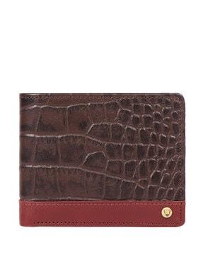 croc-embossed bi-fold wallet with metal logo accent